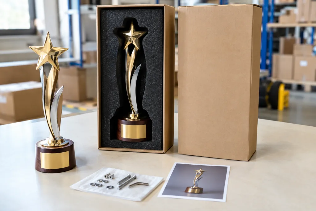 Finished die-cast trophy sample checked inside protective packaging insert