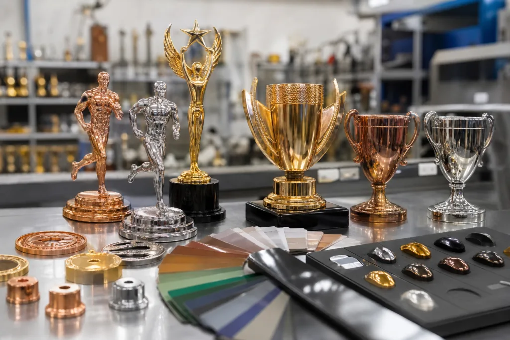 Painted metal trophy samples being compared with color references in a factory sample room