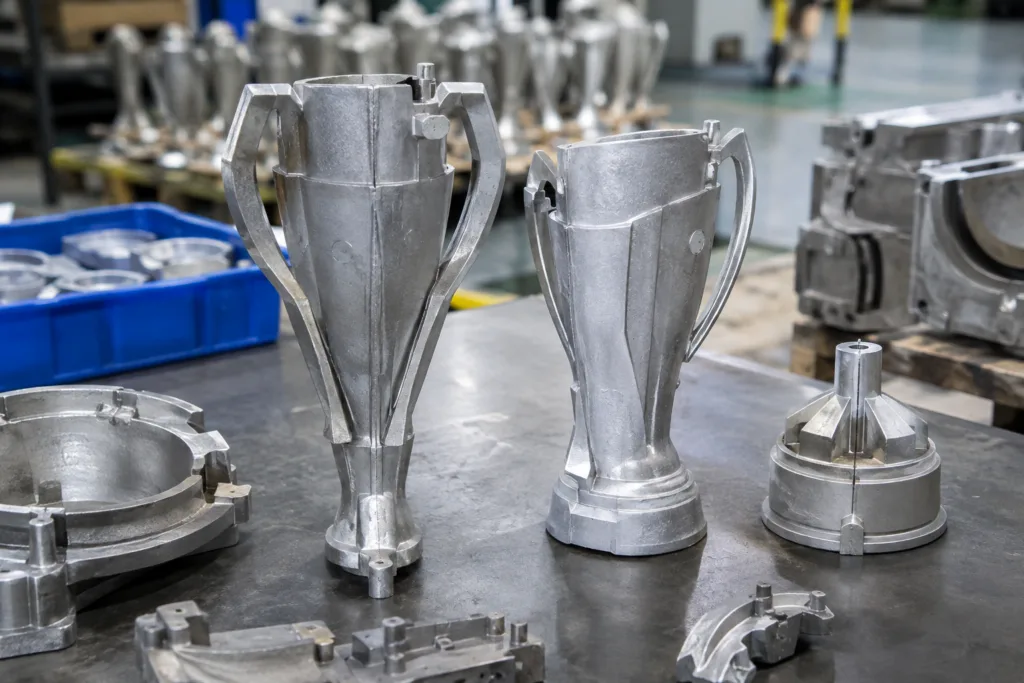 Raw die-cast trophy components showing parting lines and gate cleanup areas
