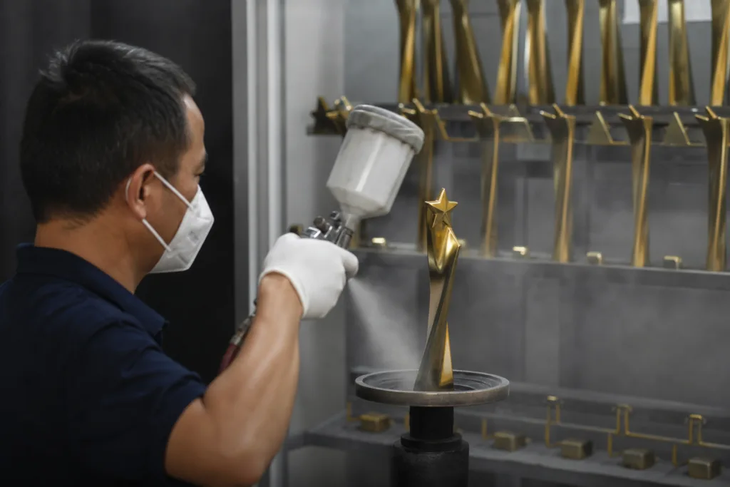 Technician applying spray paint to die-cast metal trophy parts in a controlled finishing area