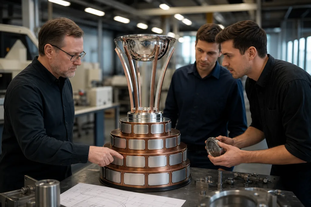 Custom metal traveling championship trophy with tiered base and nameplate layout under factory design review
