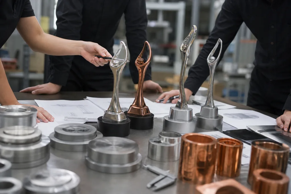 Custom metal trophy bases and upper components reviewed on a factory engineering table