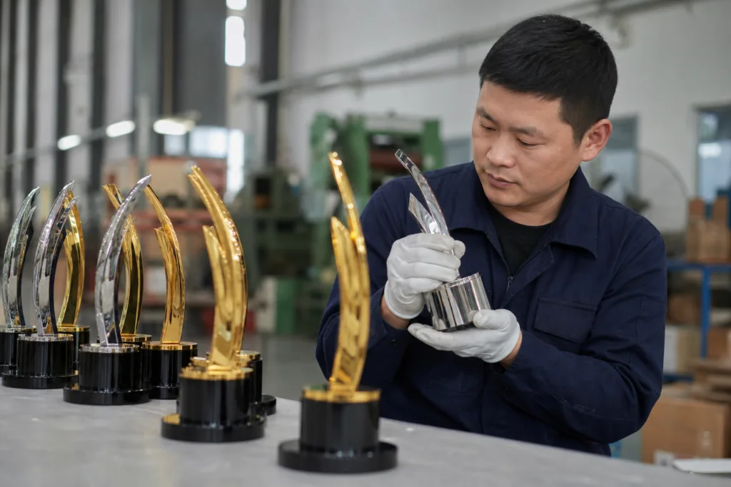 When Is Zinc Alloy the Right Material for a Custom Trophy? 2 Worker inspecting plated and painted zinc alloy trophies with custom bases
