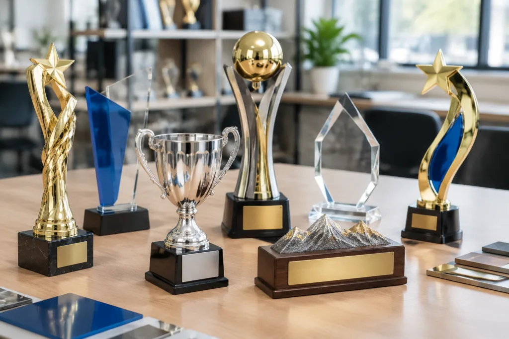 How to Define Cosmetic Zones and Defect Limits for Premium Trophies 2 Custom metal trophy samples with plated, painted and engraved finishes prepared for approval