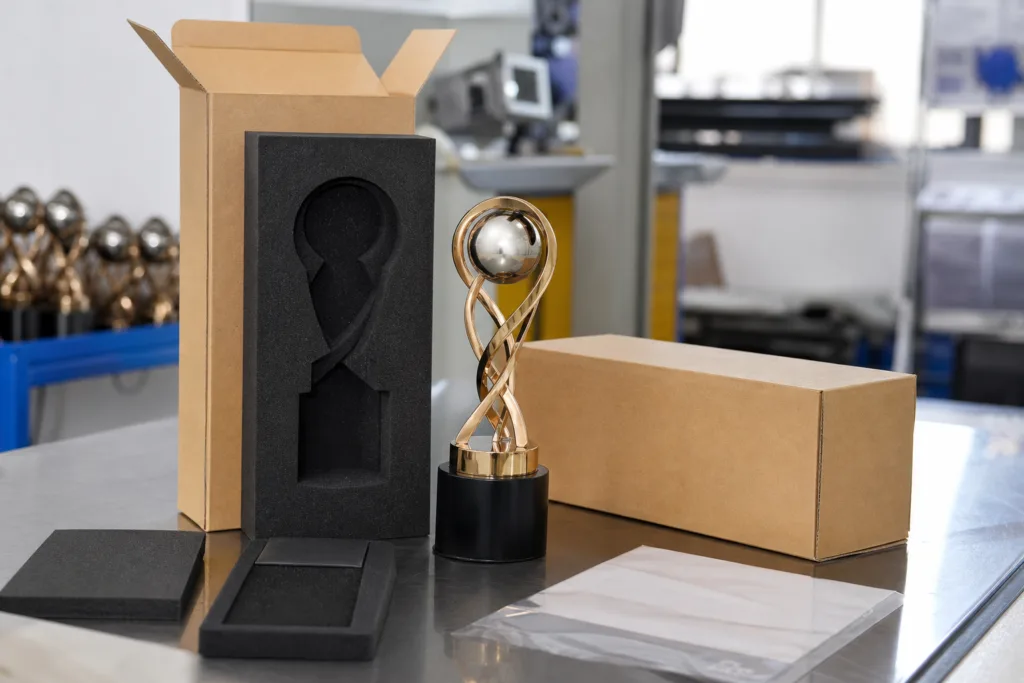 How to Specify Trophy Weight Without Overengineering the Award 3 Finished metal award beside protective foam and carton during packaging validation for export shipment
