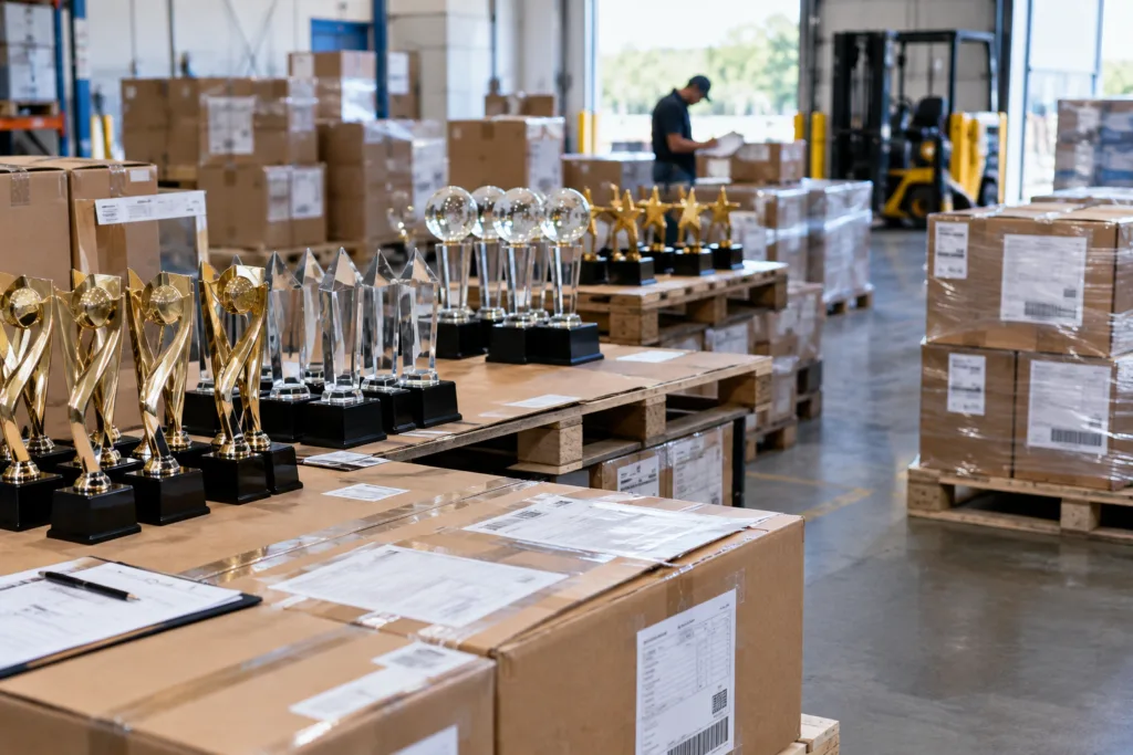 Mixed-SKU Bulk Trophy Orders: How to Control Complexity 3 Labeled export cartons and pallets prepared for receiving in a consolidated trophy shipment