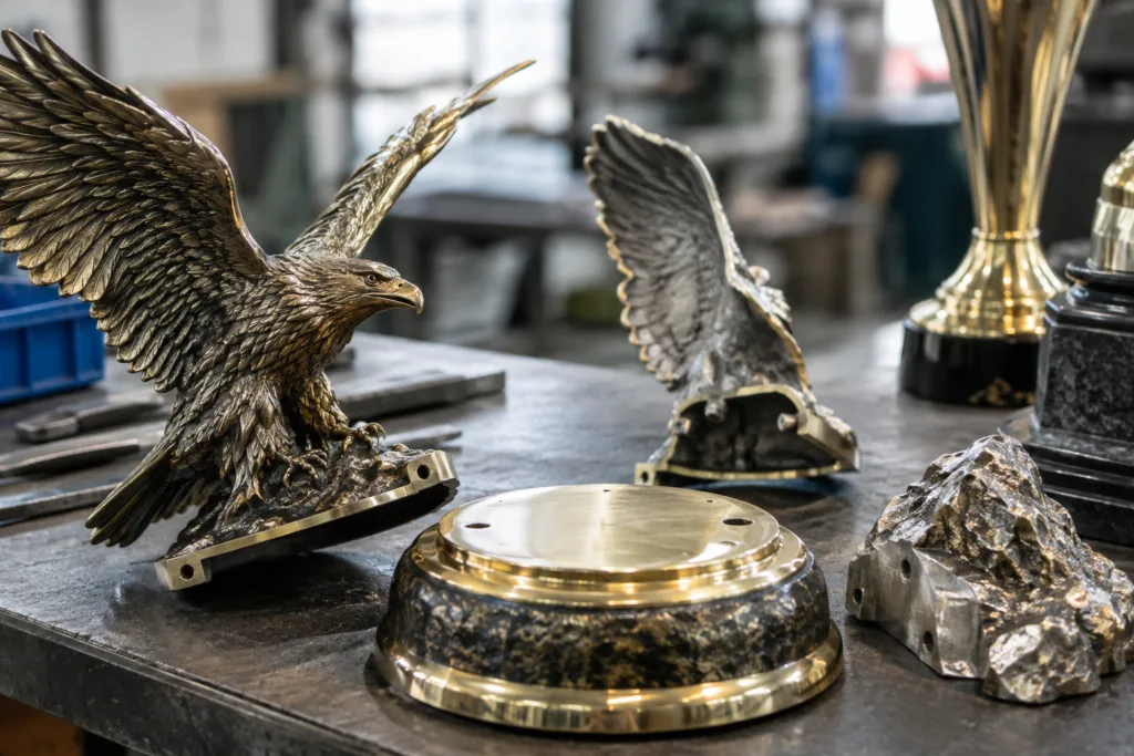 Cast metal trophy parts with relief detail, undercuts, and separate components prepared for finishing and assembly