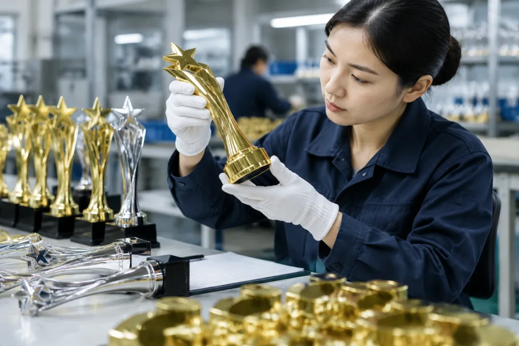 Electroplated Trophy Defects: Inspection Guide for Pitting, Blistering, and Color Variation 1 Quality inspector checking electroplated trophy surfaces under controlled lighting