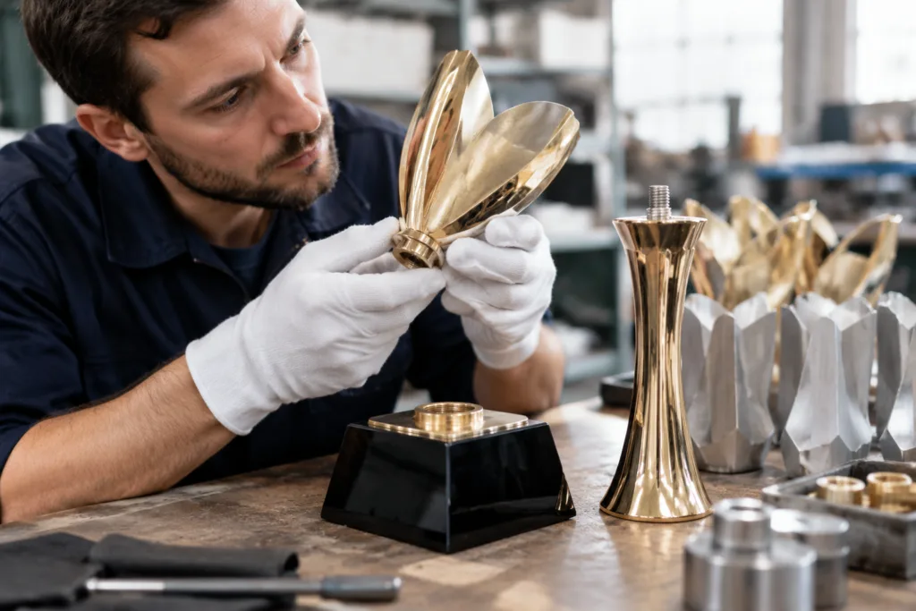 Prototype, Soft Tooling, or Production Mold: Choosing a Trophy Validation Route 2 Technician checking fit between custom trophy top and base components