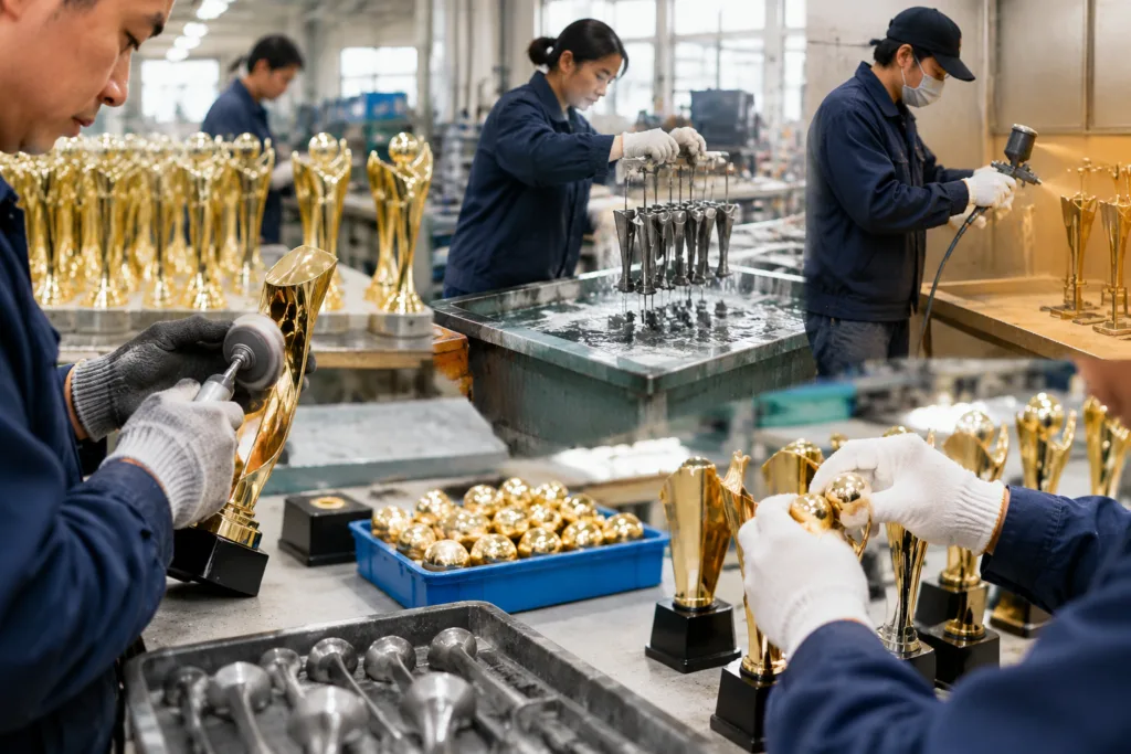 Pilot Order Strategy for a New Custom Trophy Supplier 3 Metal trophy components moving through polishing, finishing, and assembly during pilot production