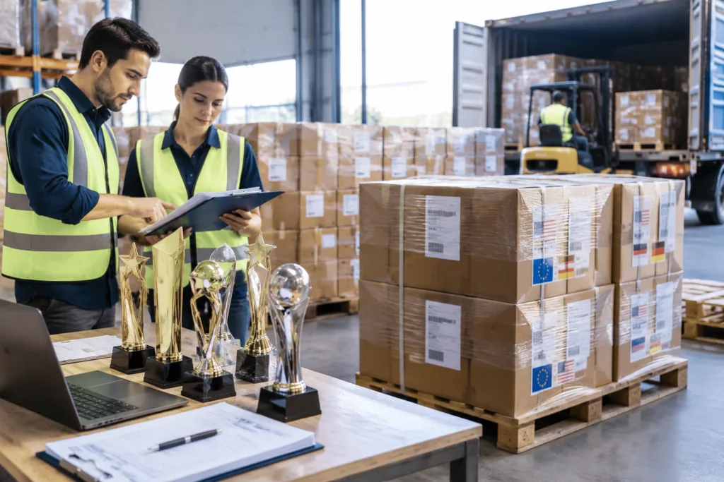 Palletized export cartons for custom awards with routing labels in a warehouse dispatch area