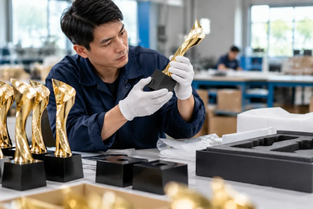 How to Define Cosmetic Zones and Defect Limits for Premium Trophies 3 Technician inspecting assembled luxury awards for finish quality and assembly gaps before packing