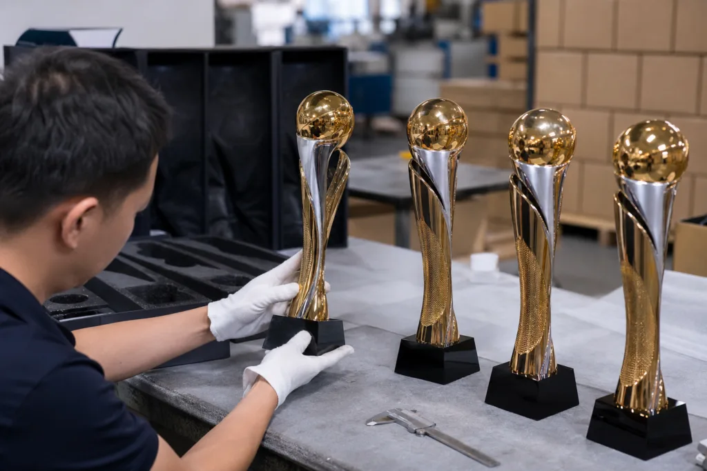 How to Write a Custom Trophy Design Brief for a Manufacturer 3 Finished custom championship trophies on a factory inspection table before packaging and export shipment