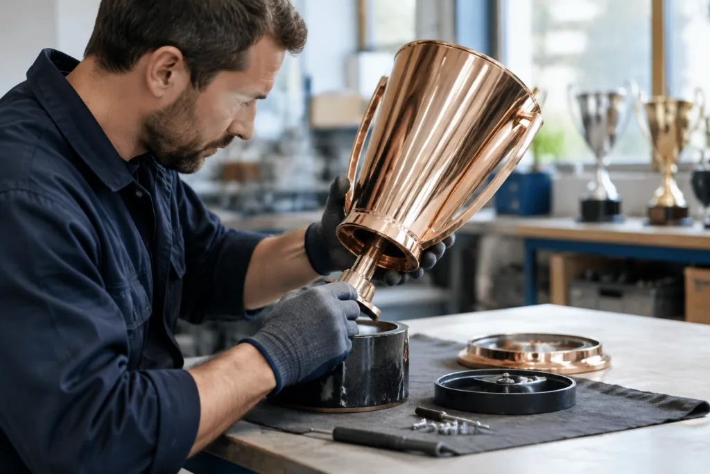 Technician assembling a hollow copper trophy with internal support and base hardware