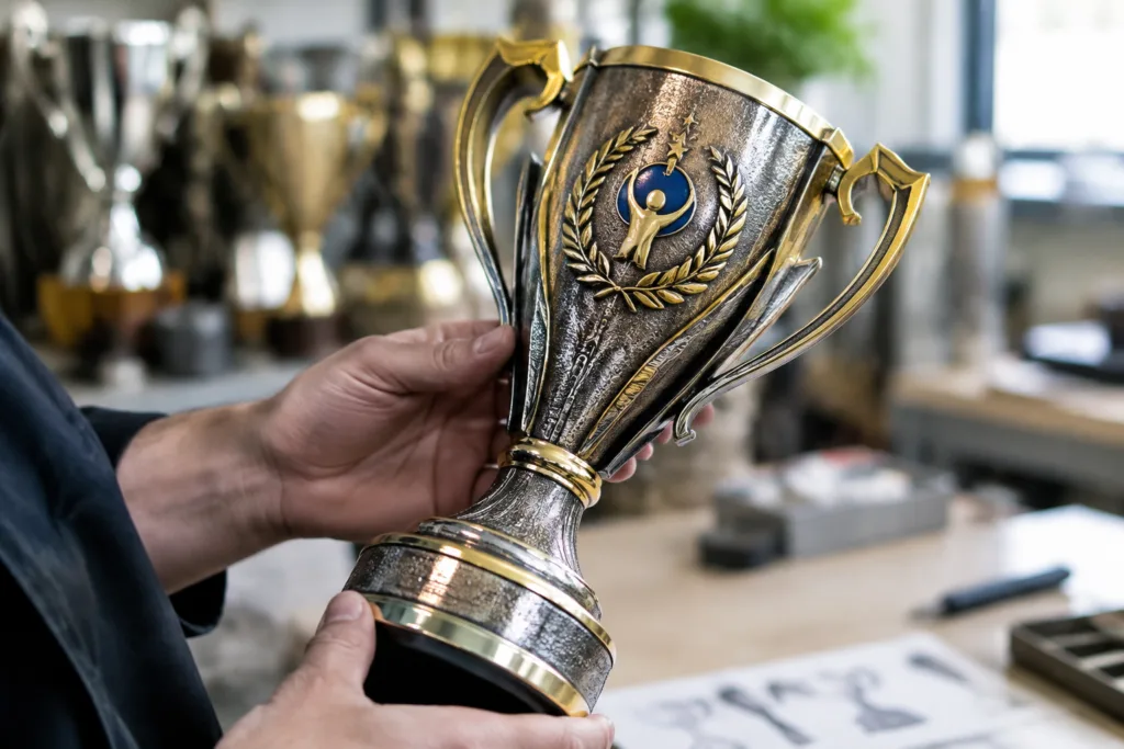 Mixed-finish zinc alloy trophy sample with plated borders, antique recesses, and painted logo details