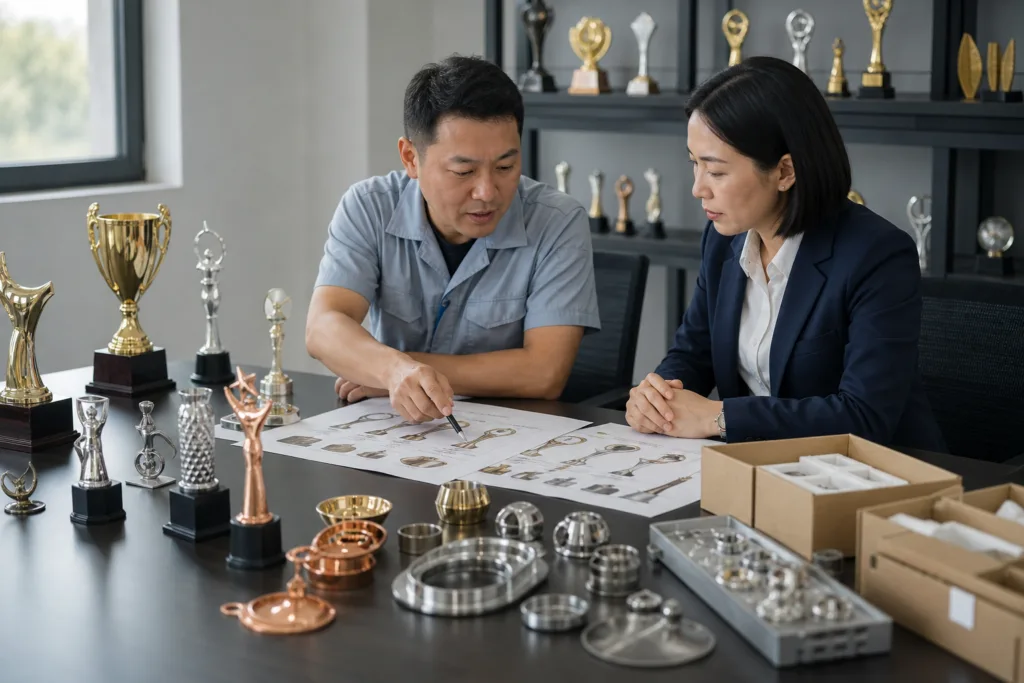 Mixed-SKU Bulk Trophy Orders: How to Control Complexity 1 Procurement and factory teams reviewing multiple custom metal trophy variants and order documents