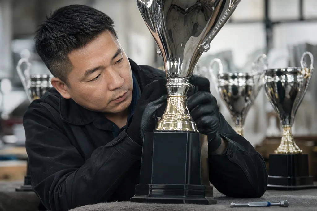Outdoor Sports Trophies: Material, Finish, and Base Questions to Ask 2 Technician inspecting joints, hardware, and base connection on an assembled outdoor championship award