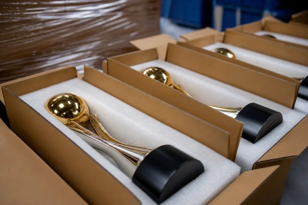 Outdoor Sports Trophies: Material, Finish, and Base Questions to Ask 3 Finished outdoor championship awards secured in foam packaging and cartons for storage and export delivery