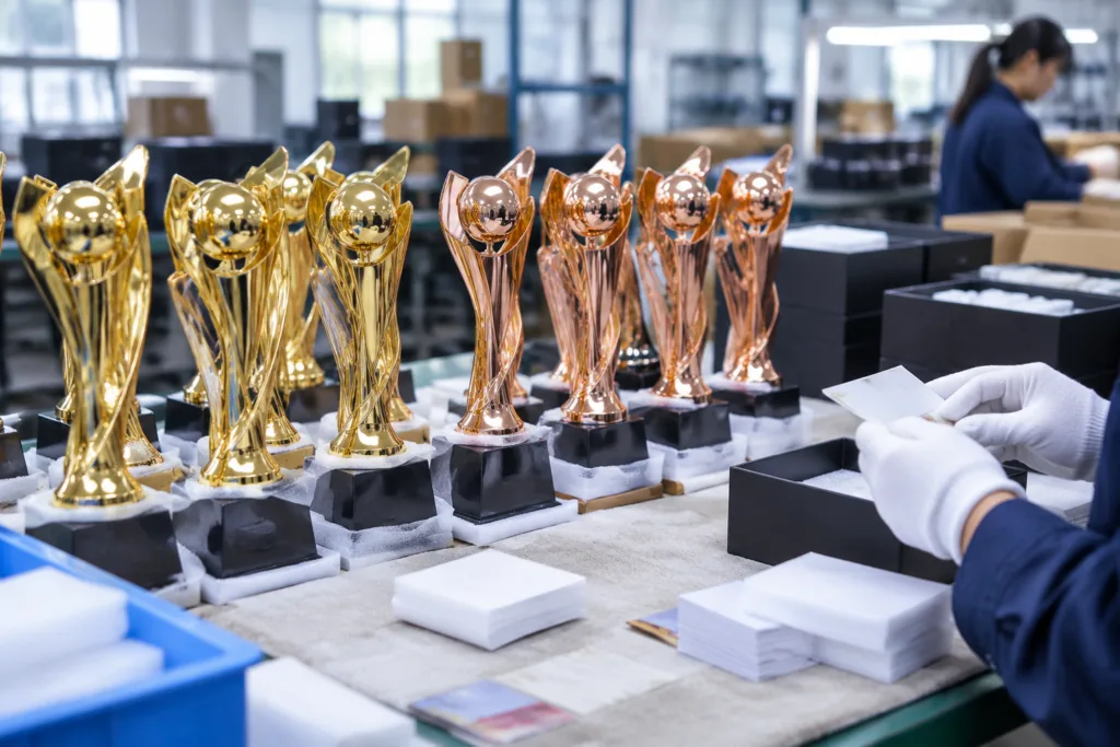 Personalized metal trophies on an inspection table with inner-pack labels and protective packaging materials