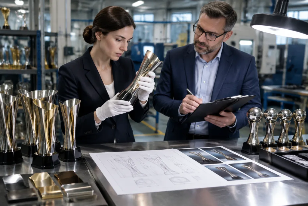 How to Define Cosmetic Zones and Defect Limits for Premium Trophies 1 QA team reviewing premium metal trophies under controlled lighting with approved samples