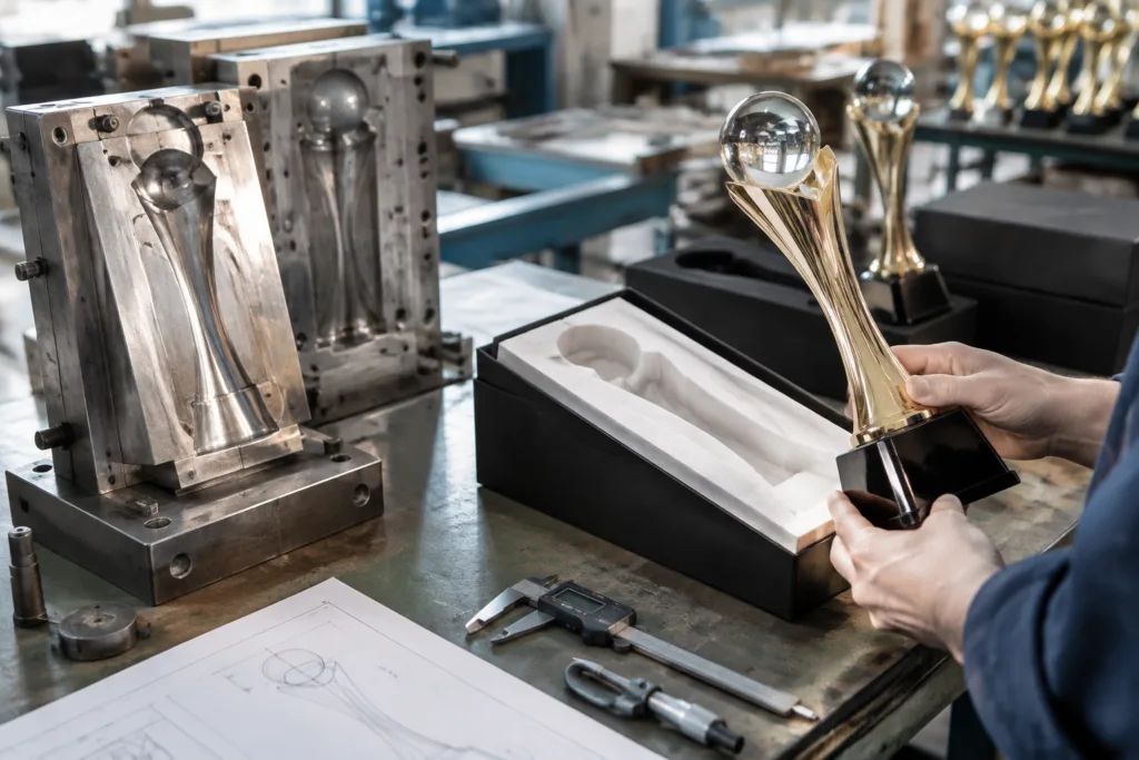 Prototype, Soft Tooling, or Production Mold: Choosing a Trophy Validation Route 3 Finished metal trophy sample beside tooling and protective packaging insert