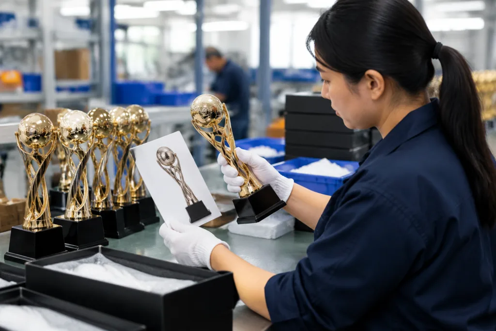 Factory inspector comparing finished metal trophies to an approved reference sample during final inspection