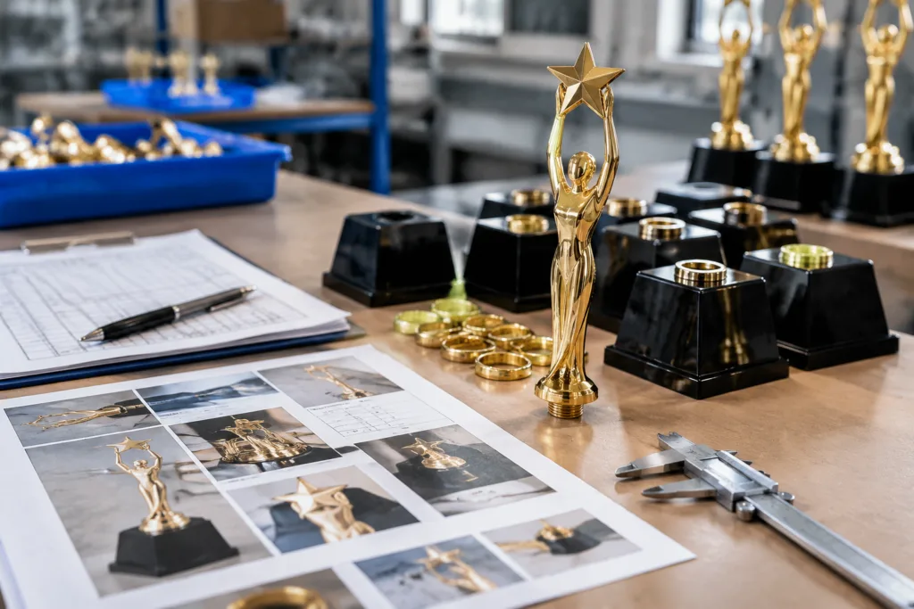 Electroplated Trophy Defects: Inspection Guide for Pitting, Blistering, and Color Variation 3 Custom trophy parts arranged with inspection records for plating quality review