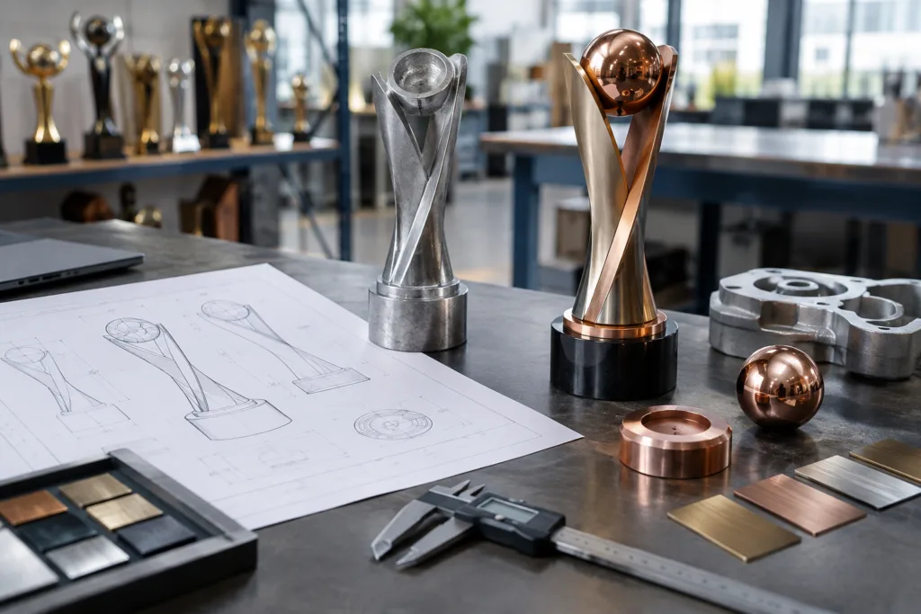 Engineer reviewing custom metal trophy geometry, CAD drawings, and cast samples for DFM process selection