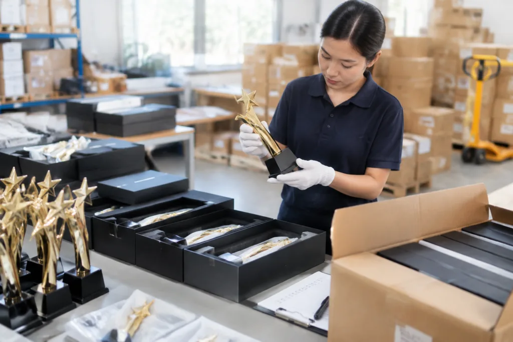 Pilot Order Strategy for a New Custom Trophy Supplier 2 Packed custom metal trophies in protective inner packaging and export cartons ready for shipment review