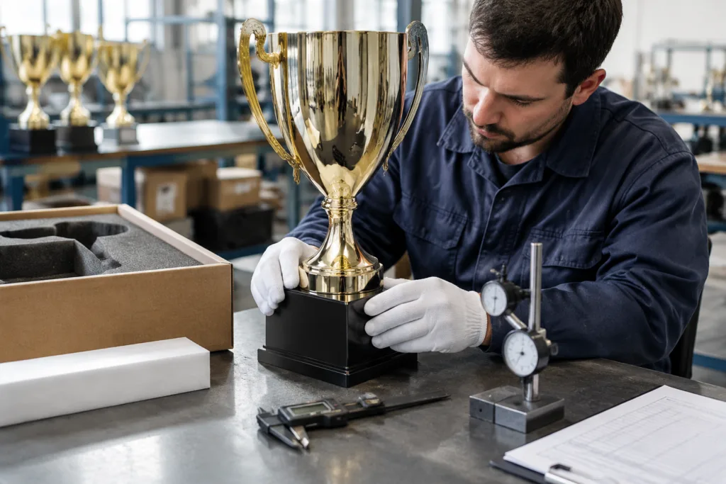 Quality inspector checking assembled trophy fit, finish, and packaging after a tooling revision