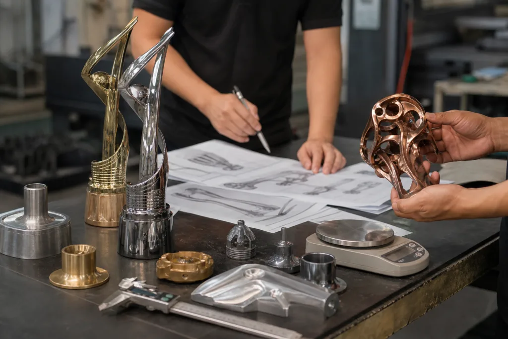 How to Specify Trophy Weight Without Overengineering the Award 1 Sample metal trophies on a worktable with a precision scale during weight and balance review