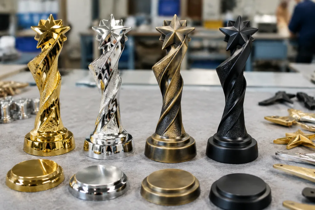 Custom zinc alloy trophy parts showing plated, satin, antique, and painted finish zones on an inspection table