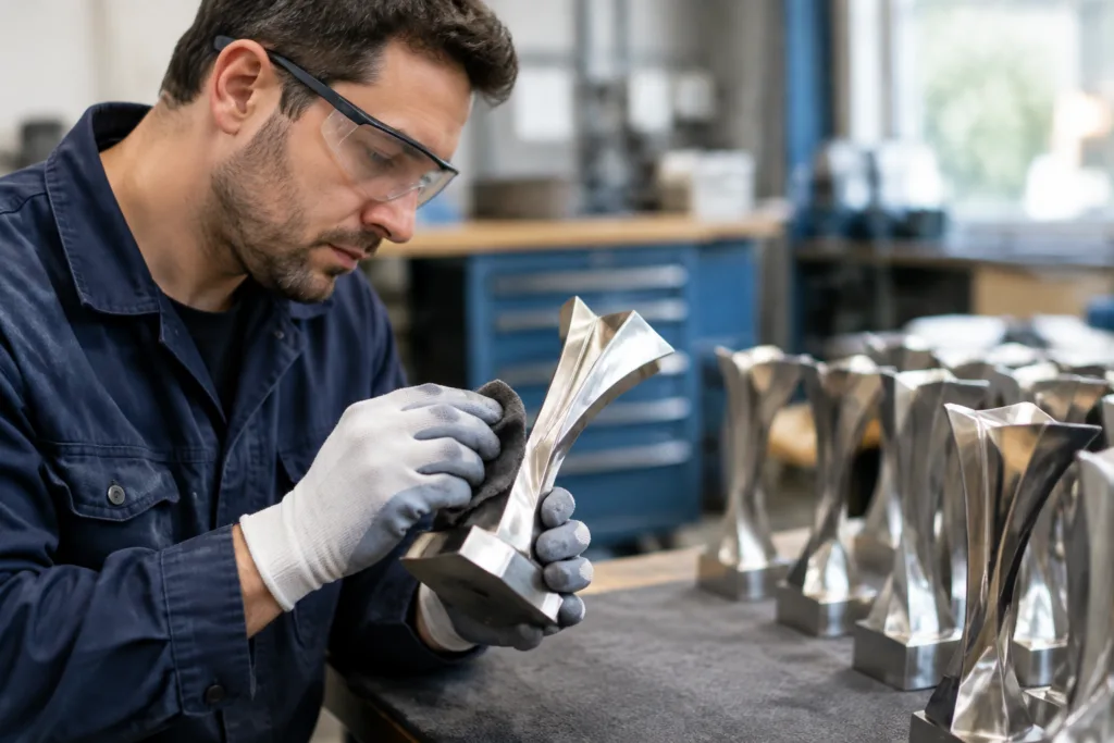 Technician polishing a die-cast zinc alloy award part before plating and paint application